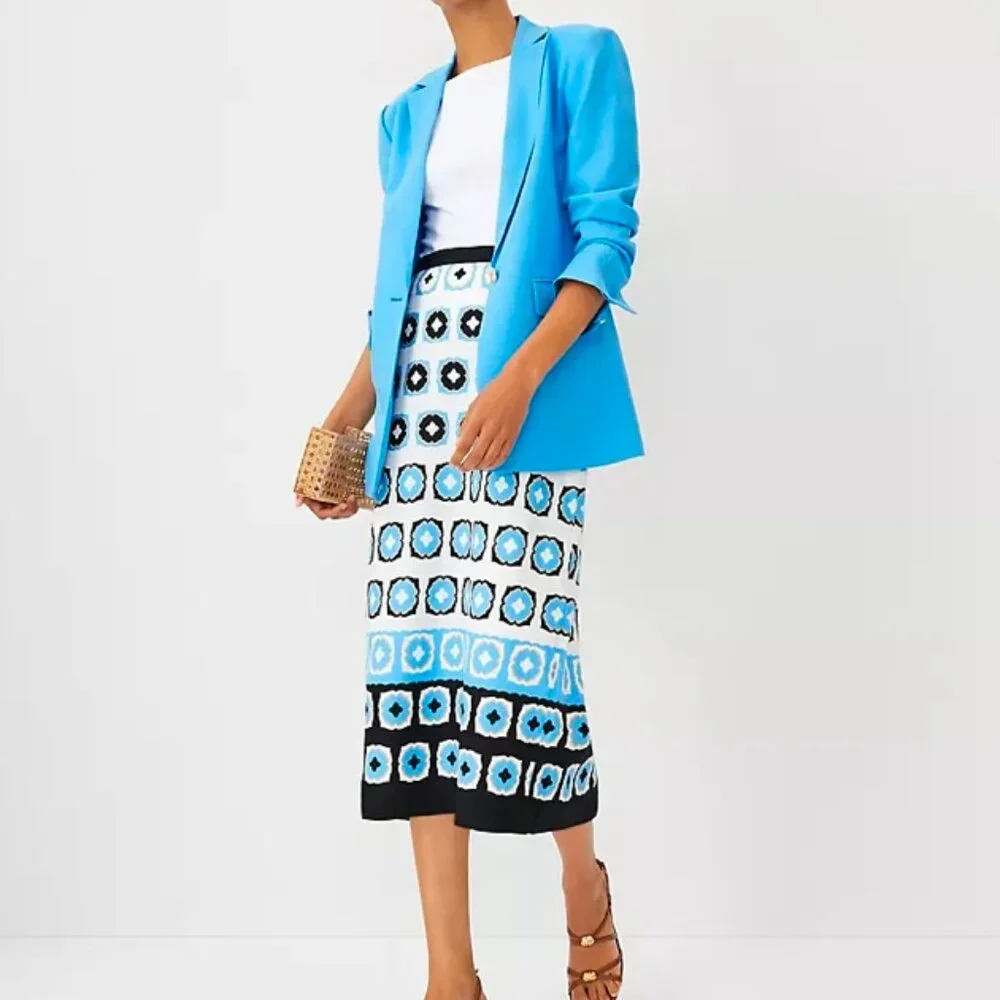 Ann Taylor Cerulean Blue Geometric Tile Print Midi Pencil Skirt Blk Wh Career 4P